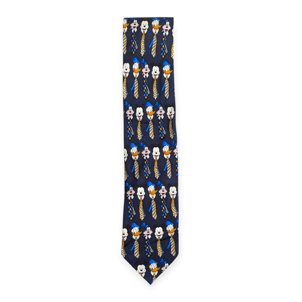 Disney Parks Mickey Mouse Donald Duck Goofy Navy Blue Silk Necktie Tie Mens